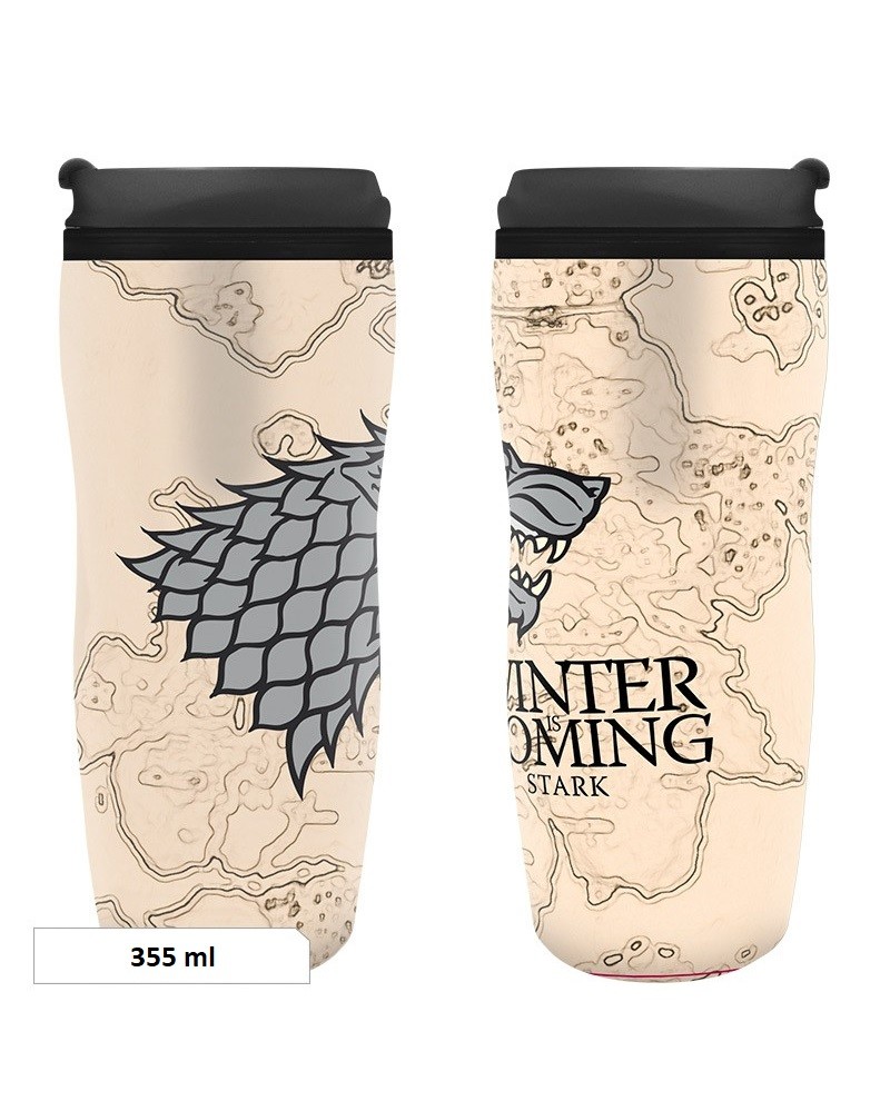 Tazza Da Caffè Ceramica Winter Is Coming Stark – Bianca Con Bordo E Manico Blu, 0,33L, Idea Regalo
